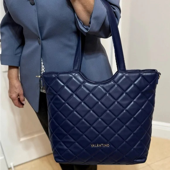 Valentino Navy Quilted Tote Bag by Mario Valentino Crossbody & Handbag New